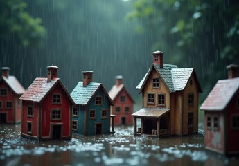 Colorful toy-like houses under heavy rainfall