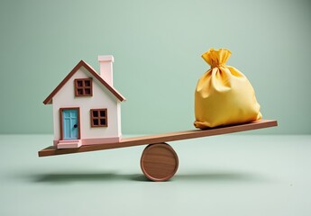 Seesaw with colorful toy house and yellow money bag