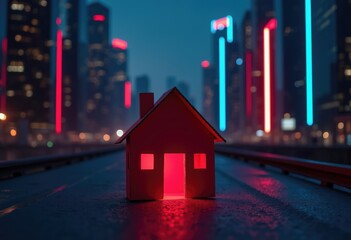 Glowing red toy house placed on dark road with futuristic cityscape