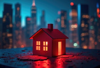 Red illuminated toy house glowing on cracked concrete surface, city skyline in background