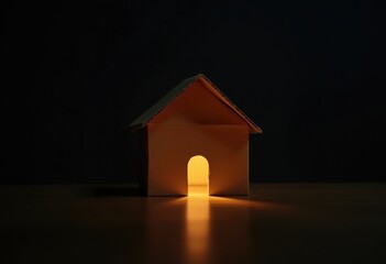 Minimal glowing cardboard house in darkness with warm light inside