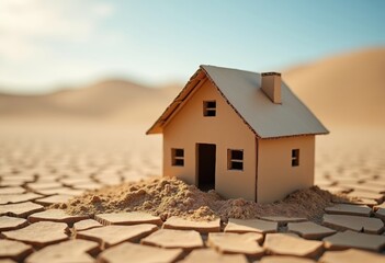 Cardboard house in the middle of cracked desert ground under blue sky