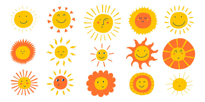 Naklejki Cute sun smile face vector set. Happy sunshine character icon. Sunny cartoon illustration