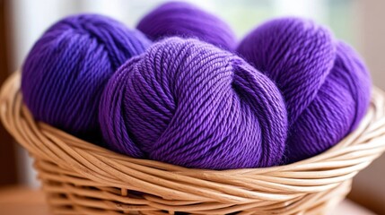 A cozy basket filled with vibrant purple yarn balls, surrounded by a softly lit room