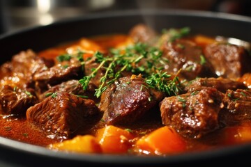 Close-Up of a Tasty Beef Casserole Showcasing Rich, Hearty Flavors in a Comforting Summer Meal