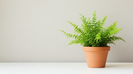 Lush Green Fern in a Terracotta Pot on Minimalist Background