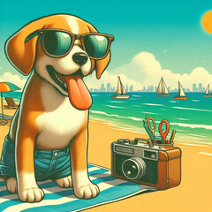 dog in a hat, dog in a cap, 3d render of a beach activities, 3d render of a beach activities on the beach, 3d render of a beach activities on a beach, dog in sunglasses, dog in glasses, dog in glasses