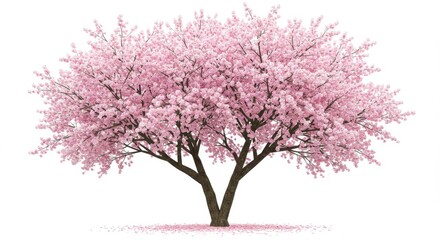 Obraz premium A full cherry blossom tree with pink flowers and a brown trunk on a white background in spring season