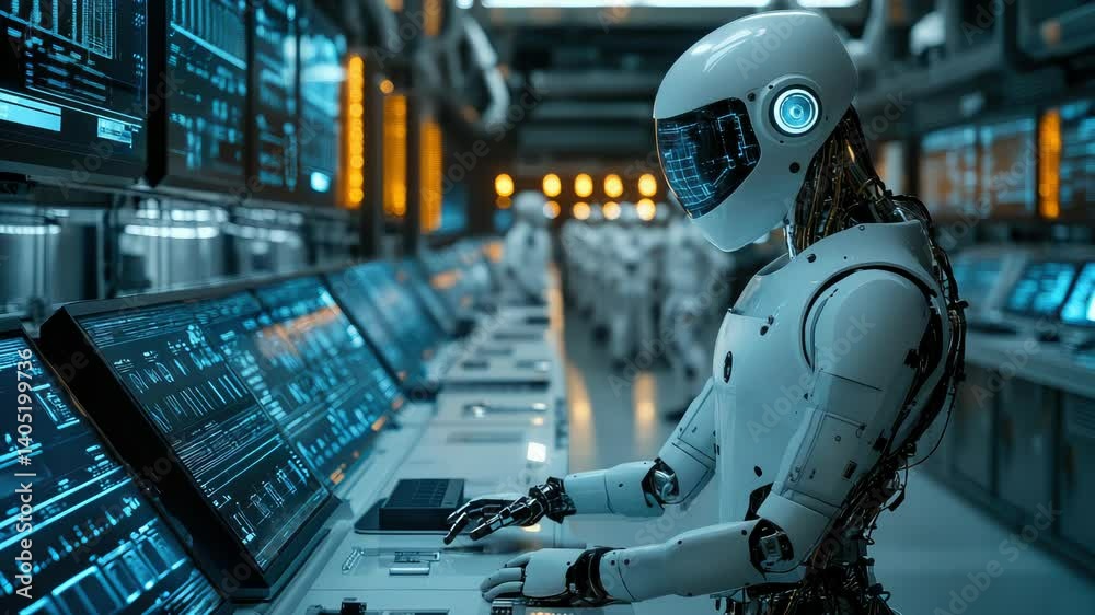 Poster futuristic humanoid robot working on multiple high-tech computer screens in a modern ai research cen