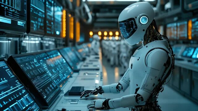 Futuristic humanoid robot working on multiple high-tech computer screens in a modern AI research center,demonstrating machine intelligence, deep learning,cybernetic progress in artificial intelligence