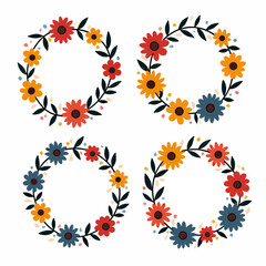 Round floral frame of small flower bushes in delicate flowers in the Scandinavian style on a white background.	