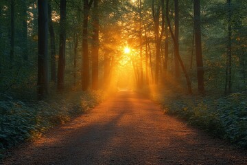 Naklejka premium Sunbeams illuminate forest path