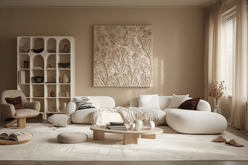 Cozy neutral living room with curved white furniture wooden decor and natural lighting in a soft modern home setting..