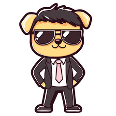 Cool serious dog in suit with tie and sunglasses, boss businessman, doodle cartoon character clip art, kawaii isolated cute clean and simple vector illustration