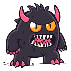 Fototapeta premium Angry scary black monster with horns and sharp teeth, hand drawn doodle cartoon character clip art, kawaii isolated cute clean and simple vector illustration