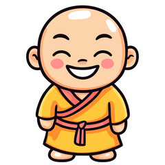 Obraz premium Cheerful Buddhist monk in traditional orange robe, smiling asian kid, doodle cartoon character clip art, kawaii isolated cute simple vector illustration