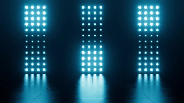 Bright blue flash lights. Empty studio space with vibrant illumination. Abstract stage with blinking spotlight animation. Night club decoration. Seamless loop.