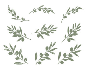 Olive branches with olives and leaves set. Silhouettes. Trendy vector illustration with texture for logo, pattern, packaging, label, frame, card, poster