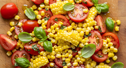 Vibrant Summer Harvest Featuring Fresh Corn Tomatoes and Aromatic Basil Leaves