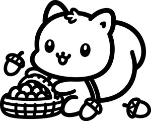 Squirrel with an Acorn Basket. Coloring Book Page. Cartoon Illustration.