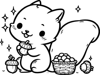 Squirrel with an Acorn Basket. Coloring Book Page. Cartoon Illustration.