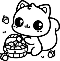 Squirrel with an Acorn Basket. Coloring Book Page. Cartoon Illustration.