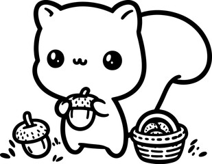 Squirrel with an Acorn Basket. Coloring Book Page. Cartoon Illustration.