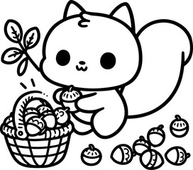 Squirrel with an Acorn Basket. Coloring Book Page. Cartoon Illustration.
