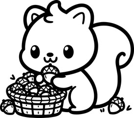 Squirrel with an Acorn Basket. Coloring Book Page. Cartoon Illustration.