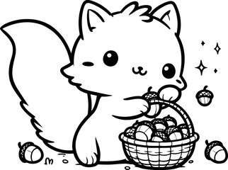 Squirrel with an Acorn Basket. Coloring Book Page. Cartoon Illustration.