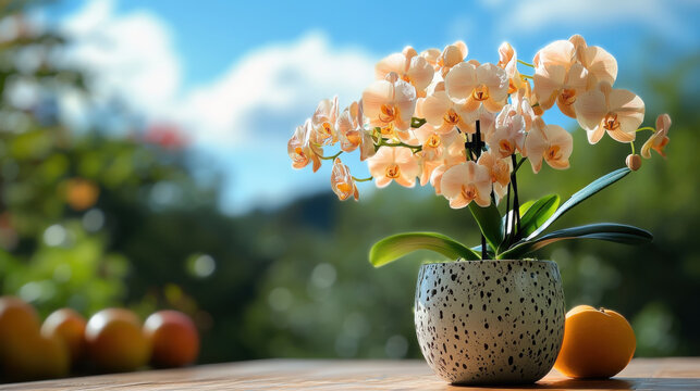 beautiful arrangement of delicate peach orchids in speckled white pot sits on wooden table, surrounded by vibrant outdoor setting with oranges and bright blue sky