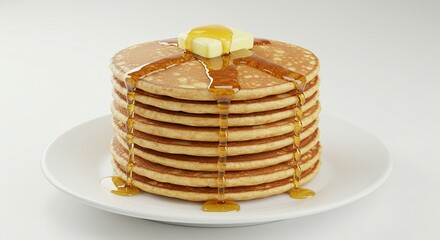 Fluffy Belgian pancakes with syrup and butter on white background