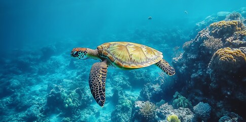 Obraz premium A vibrant sea turtle gracefully swims through a colorful coral reef underwater scene. Perfect for marine life and travel publications