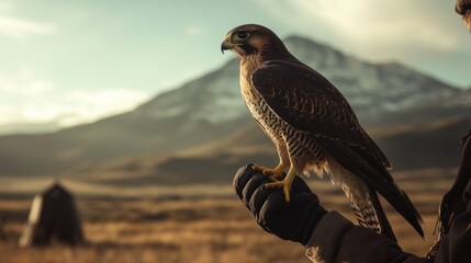 Fototapeta premium Falcon perched on gloved hand against mountain backdrop.