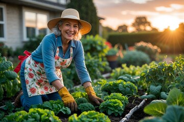 An old woman, a pensioner, is tending seedlings in the garden near the house.