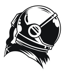 Portrait in profile of astronaut in spacesuit PNG. Black and white astronaut logo. Isolated illustration of a man in a helmet in space. © Andrew L