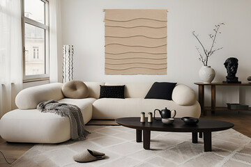 Neutral toned living room with white curved sofas modern design and soft natural light..