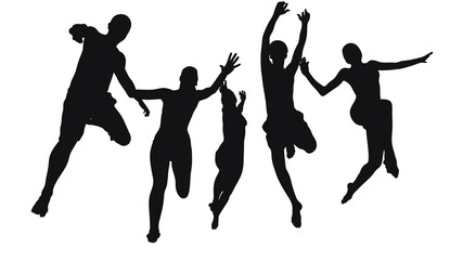 Silhouette of a group of young men jumping in various poses. The concept is good mood and spending time with friends. Children friends teenagers actively spending time together