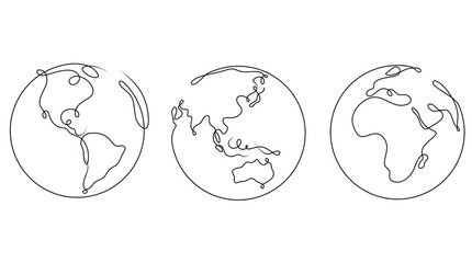 Illustration of the Earth drawn with a single line. Minimalistic illustration of Earth American continent, Eurasia with Australia and Africa. Suitable for design, logos and travel blogs.