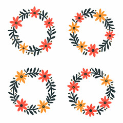 Round floral frame of small flower bushes in delicate flowers in the Scandinavian style on a white background.	