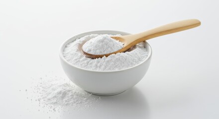 Elegant simplicity: White ceramic bowl filled with fine powder, a wooden spoon scoop