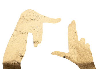 Filmmaker planning shot, hands shaping L-shape for visualization. Golden metallic foil texture adds luxury, creativity, and inspiration to the scene. Positioning for the perfect take, capturing the.