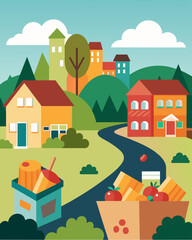 Fototapeta premium In a wealthy suburban neighborhood large grocery stores throw out expired food and packagings while in a nearby urban community food deserts leave residents with limited access to. Vector illustration