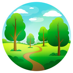 Fototapeta premium Nature surrounded by trees leading along a path. Vector graphics. Round frame.