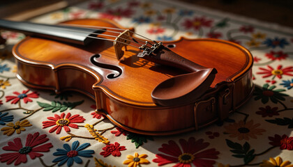 Fototapeta premium Elegant mariachi violin on embroidered textile, cultural craftsmanship