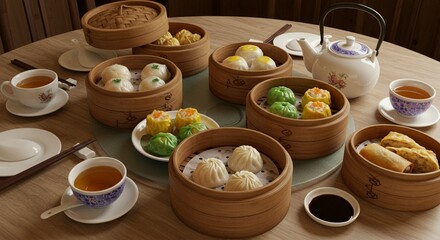 Fototapeta premium Variety of dim sum in bamboo steamer. Styled on festive Chinese brunch setup.