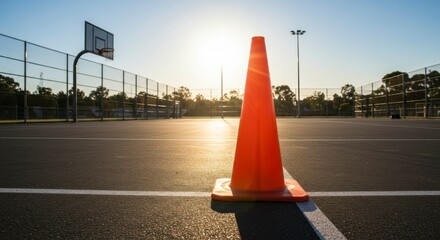 Orange traffic cone on a basketball court at sunset