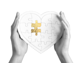 Hands holding golden puzzle piece, symbolizing emotional support, healing, and wellness. Love, compassion, and connection in the context of mental health and therapy. Golden piece representing hope,.