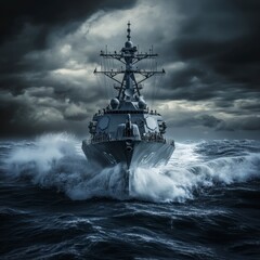Naval Destroyer Sailing Through Rough Seas Under Dark Dramatic Sky