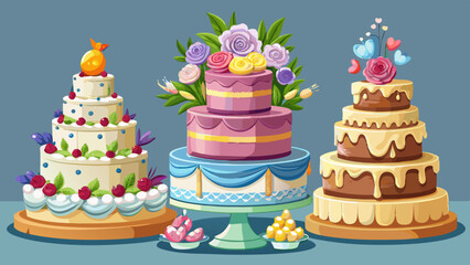 Set/collection of wedding cakes decorated with flowers. Multi-tiered cakes. Wedding cake with two white doves. Isolated on a transparent background.